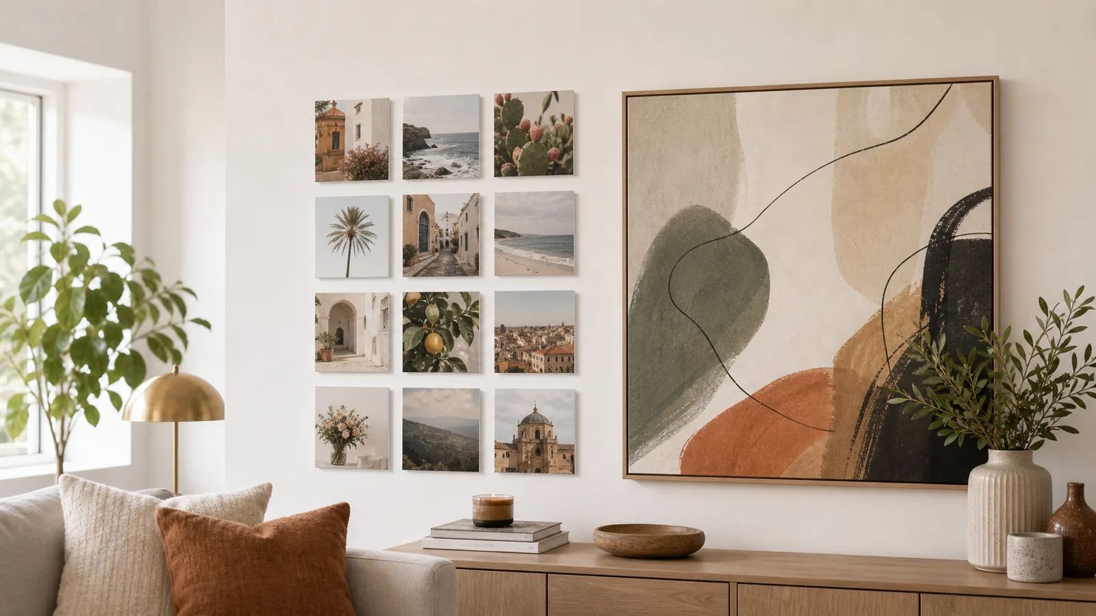 Square photo tile wall display beside a larger custom abstract wall art piece