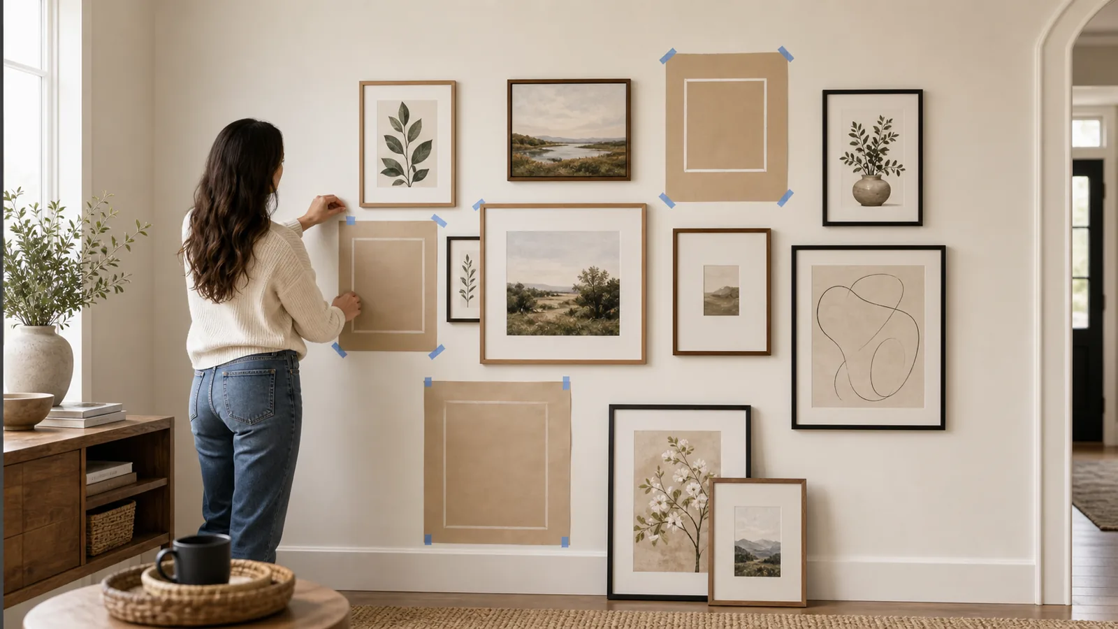 Gallery wall layout in progress with framed prints and paper templates
