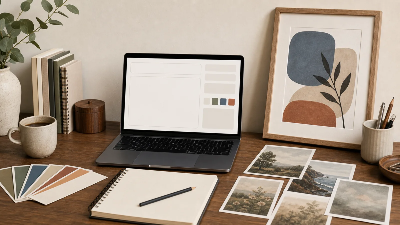 Creative desk with laptop, art references, notebook, and color swatches for writing an art prompt