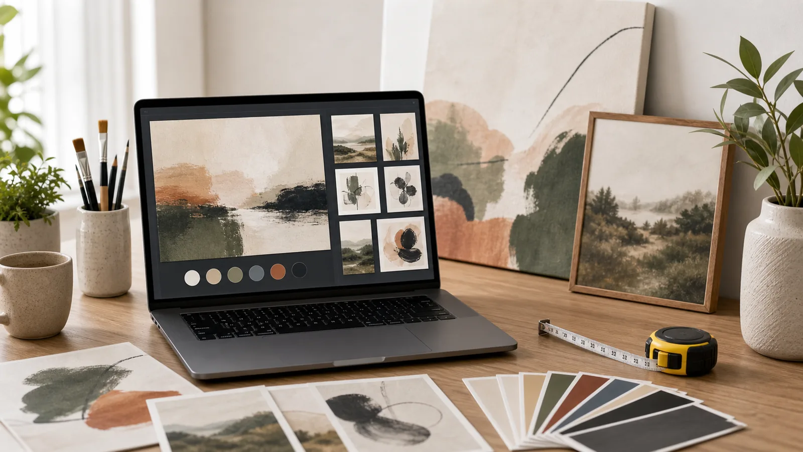 Laptop with an abstract art preview beside printed wall art samples and color swatches