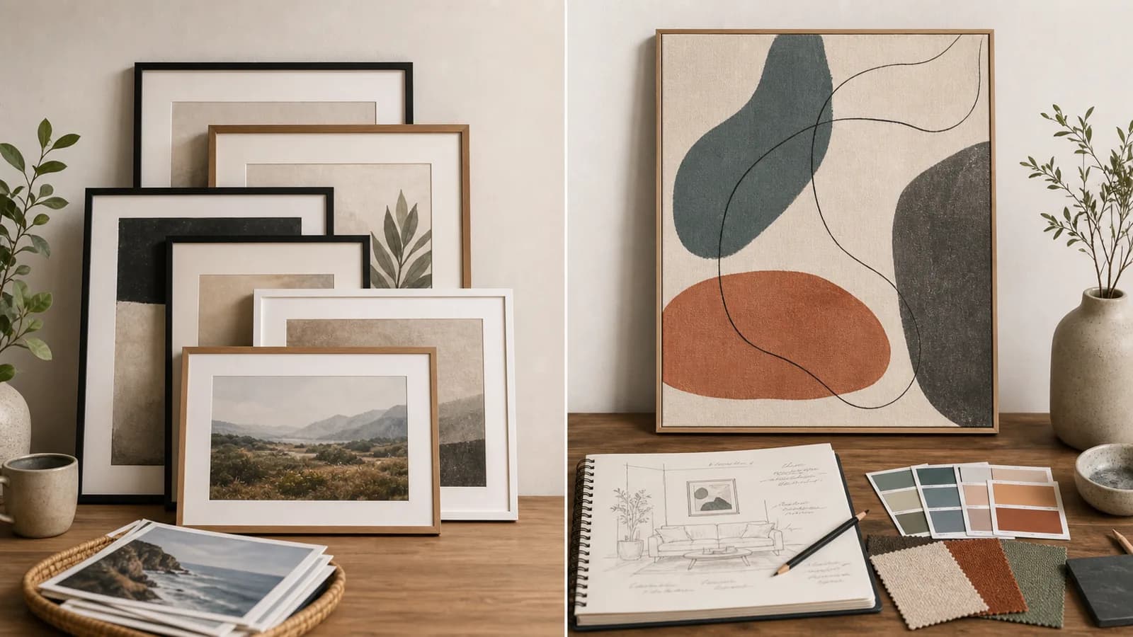 Custom art planning materials beside catalog-style framed prints for comparison