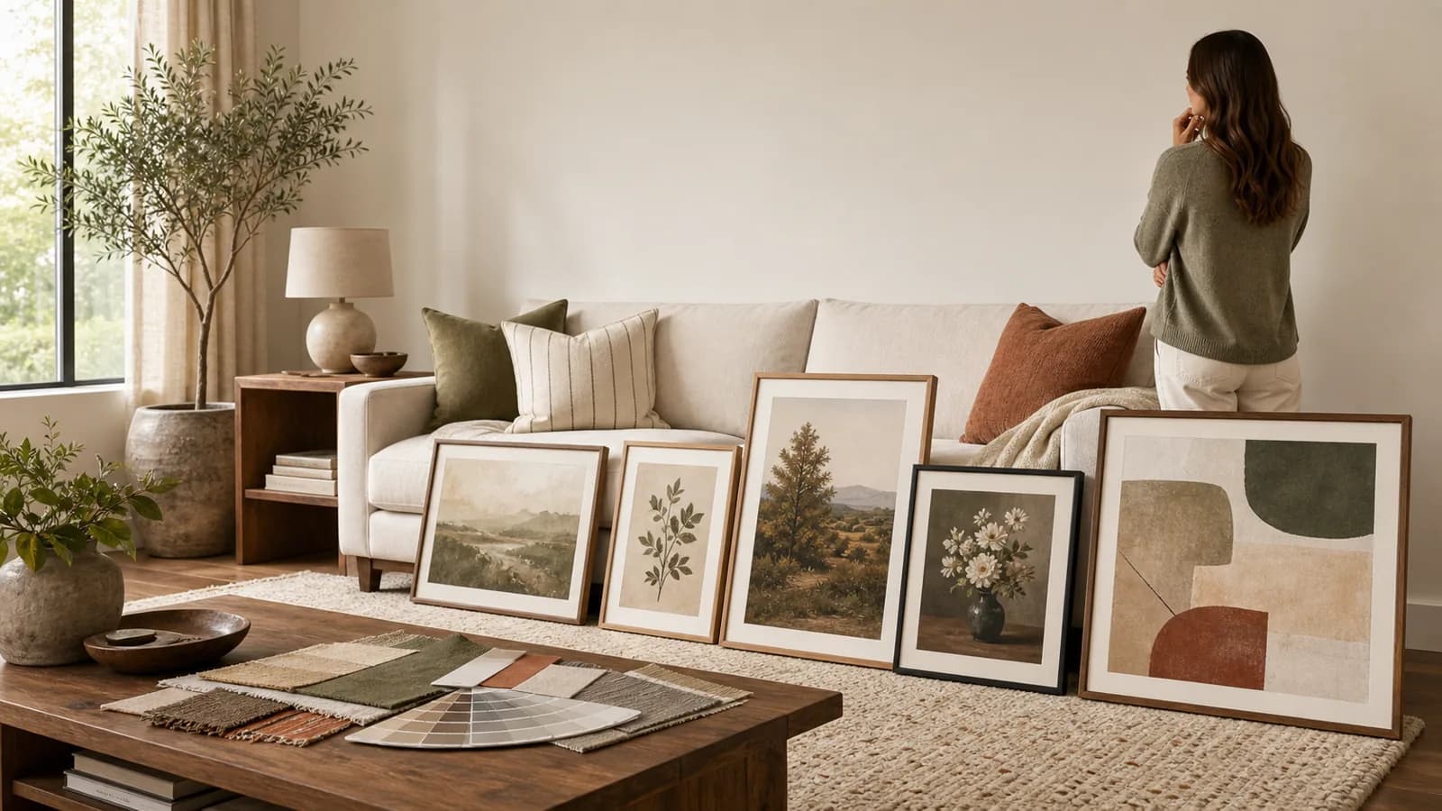 Framed art options, color swatches, and living room decor used to choose wall art