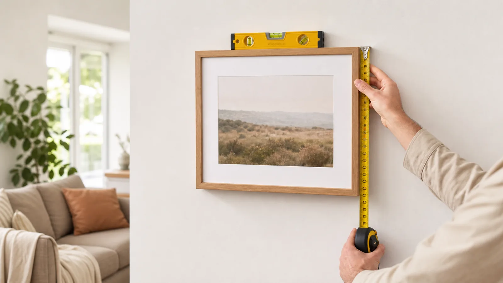 Person measuring and leveling framed wall art before hanging it on a living room wall