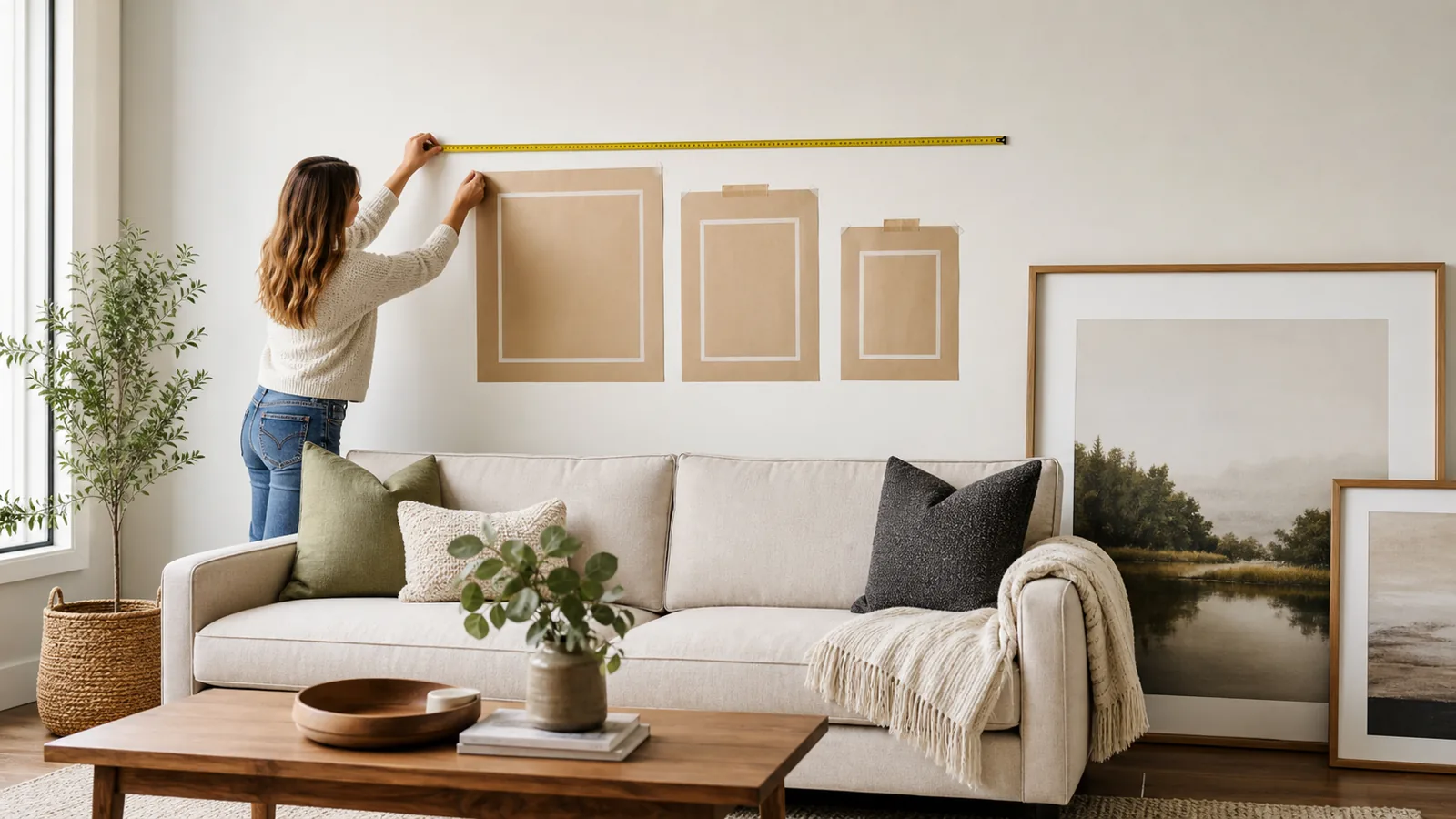 Measuring templates above a sofa to choose the right wall art size
